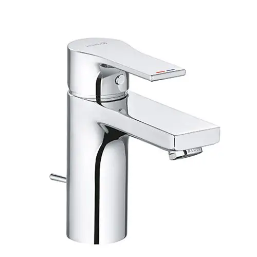 Kludi-Waschtischarmatur aus verchromtem Metall mit einem Hebel zum Einstellen von Wasserfluss und Temperatur sowie einem Auslauf für Wasser.